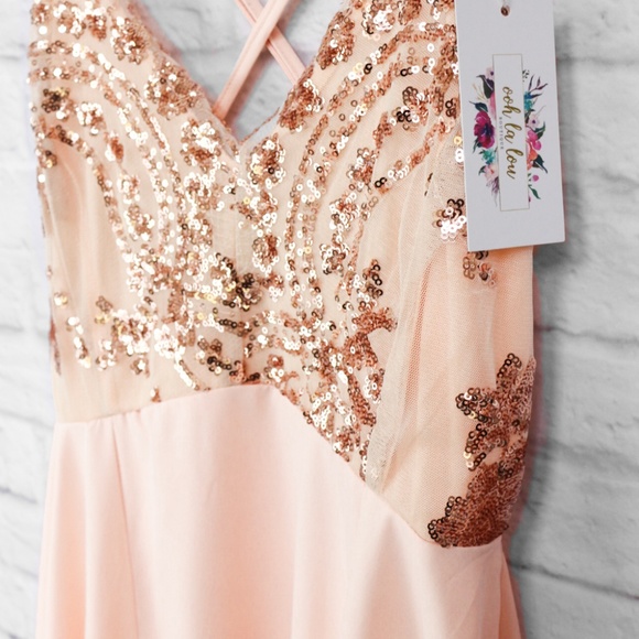 Rose Gold Sequin Long Dress Asymmetrical Hem Blush - Picture 3 of 8